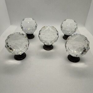 Vintage Cabinet Pull Knobs Round Faceted Crystal Orb Brass Base  Set 5 No Screws